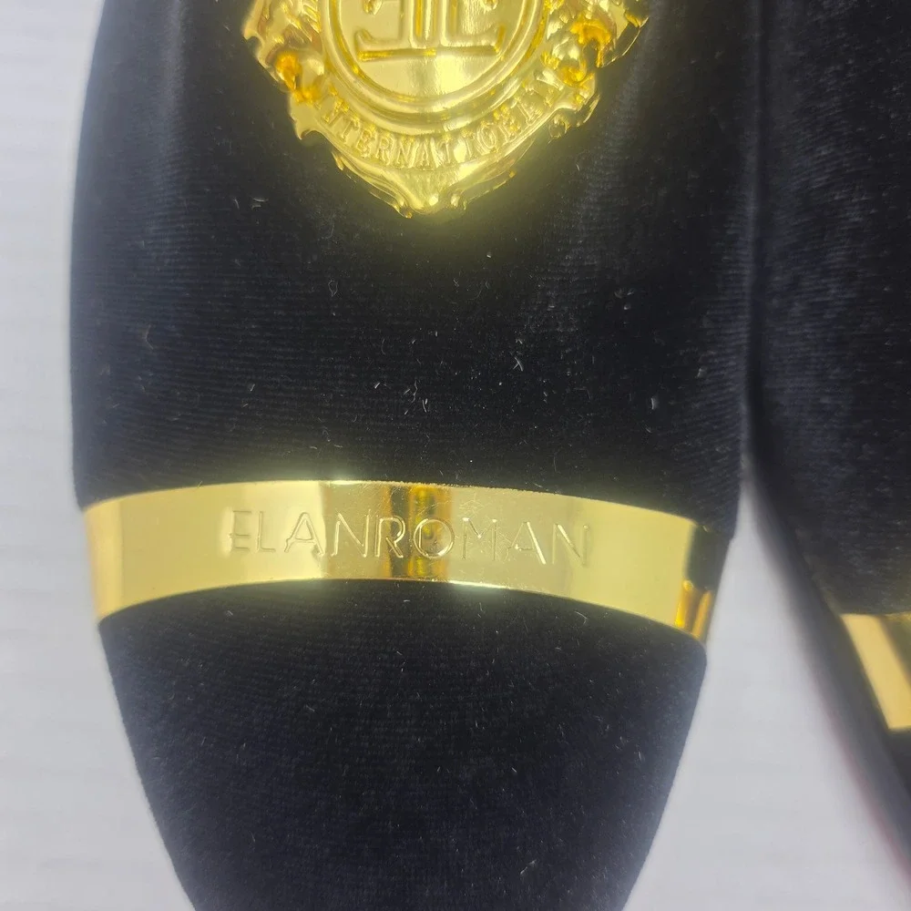 Elanroman Velvet Loafers Men 13 Black Gold Crest Red Bottom Dress Shoes 470